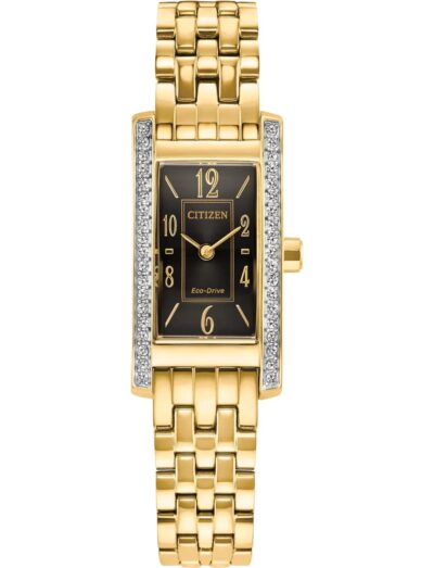 Citizen wristwatch with gold tone stainless steel, dial with crystals and black dial