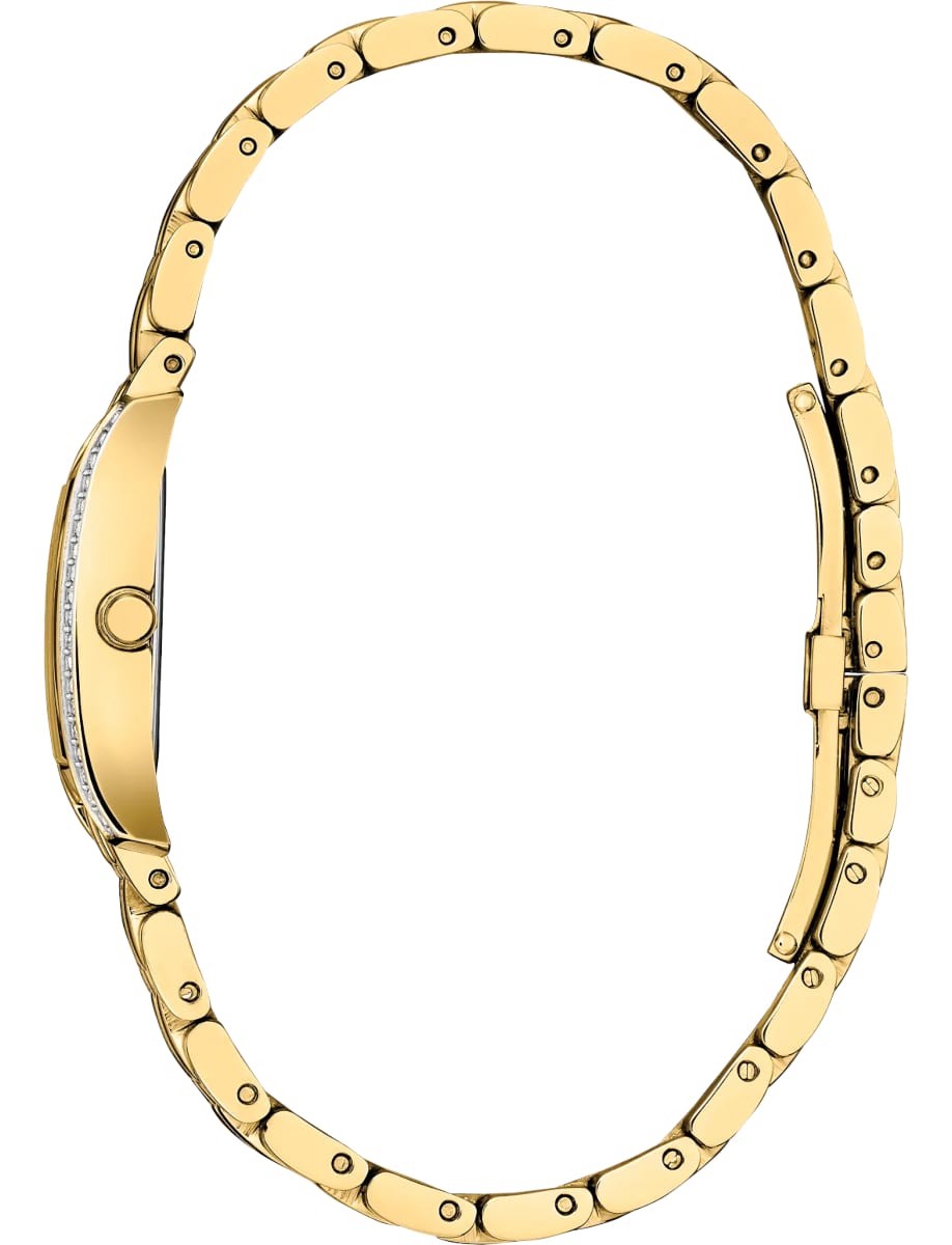 Side view of Citizen wristwatch with gold tone stainless steel and lovely geometric crown