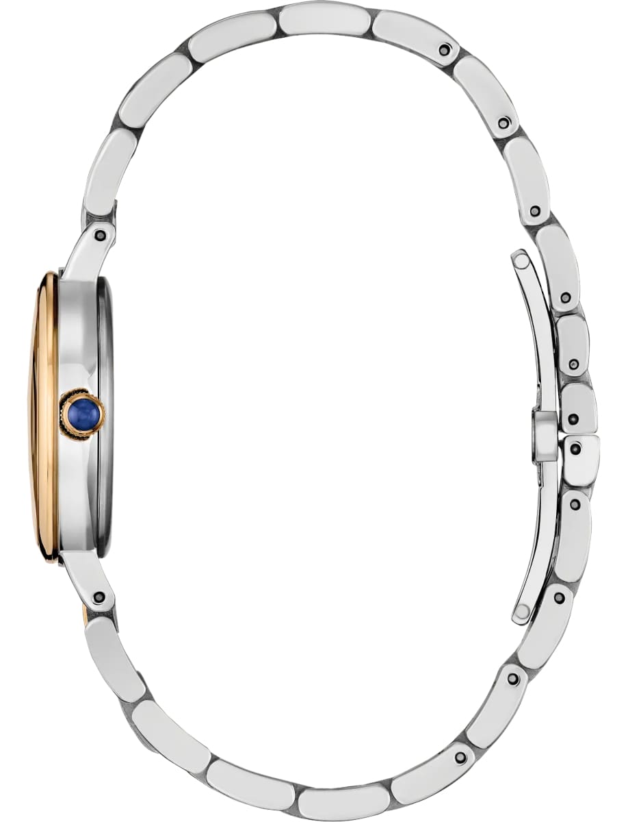 Side view of Citizen wristwatch with two tone stainless steel case and bracelet