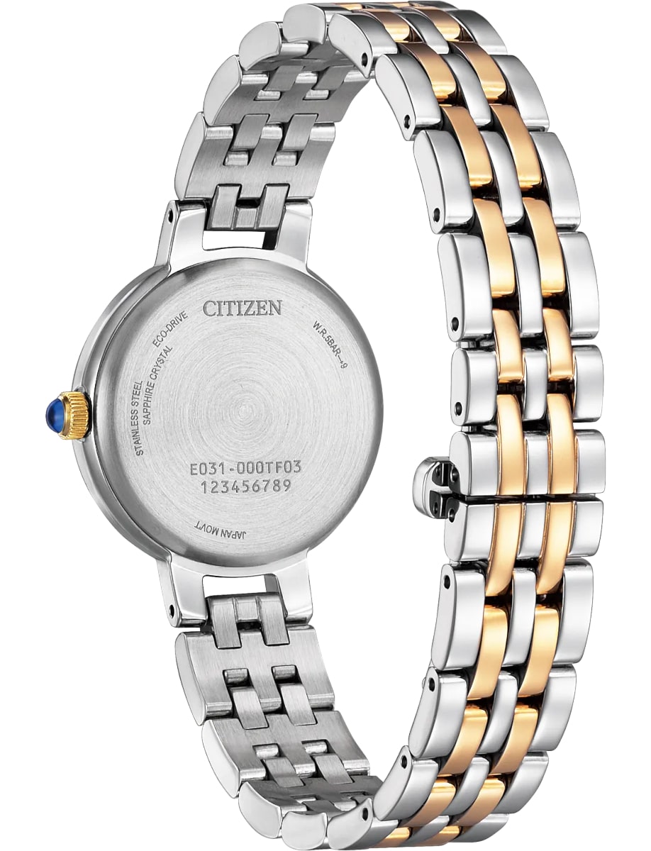Back view of Side view of Citizen wristwatch with two tone stainless steel case and bracelet