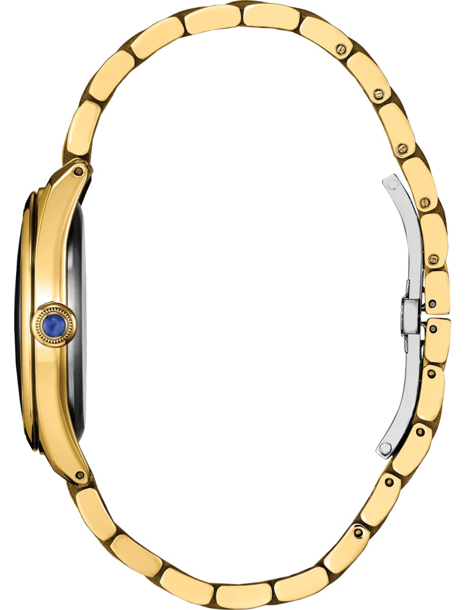 Side view of Citizen wristwatch with gold tone stainless steel case and bracelet and synthetic sapphire-set crown
