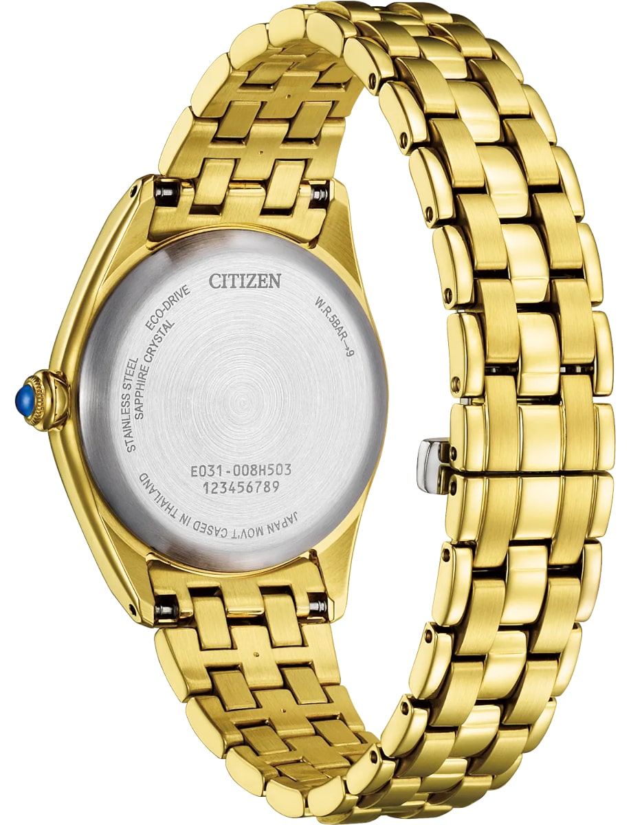 Back view of Citizen wristwatch with gold tone stainless steel case and bracelet