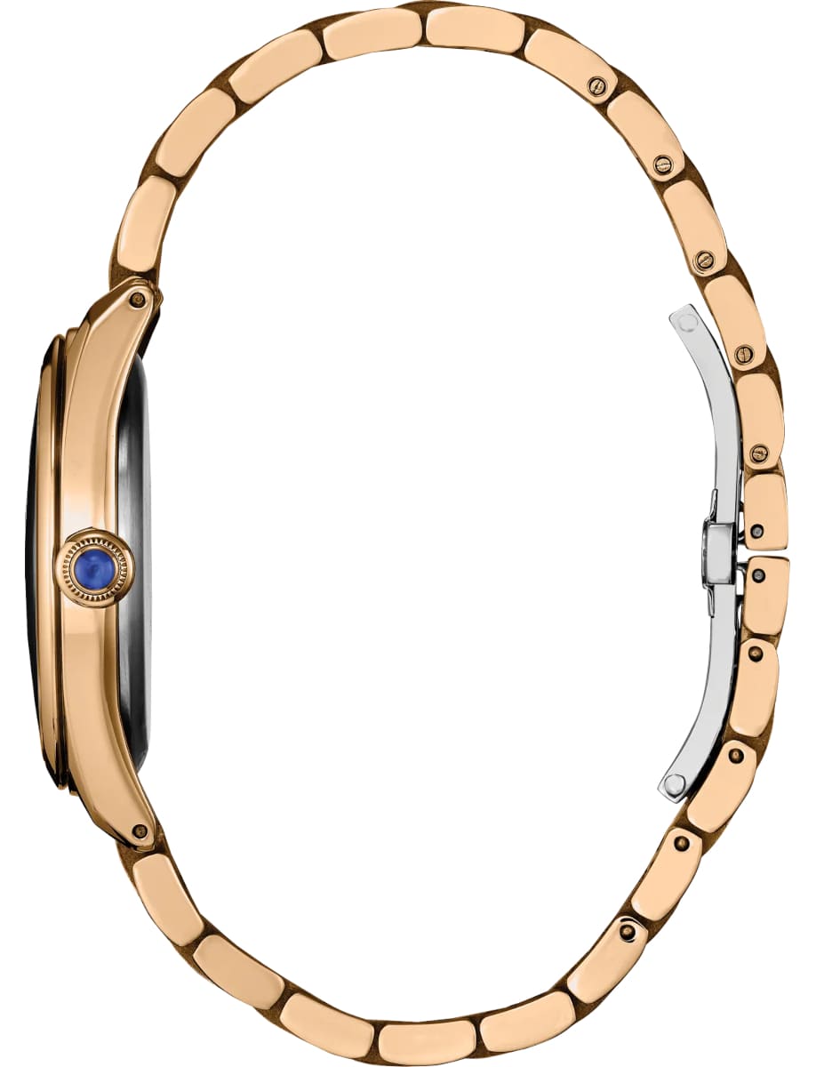Side view of Citizen wristwatch with rose gold tone stainless steel case and bracelet and synthetic sapphire-set crown