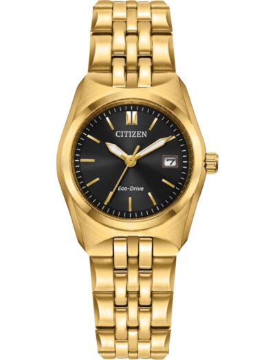 Citizen wristwatch with gold tone stainless steel case and bracelet and black dial