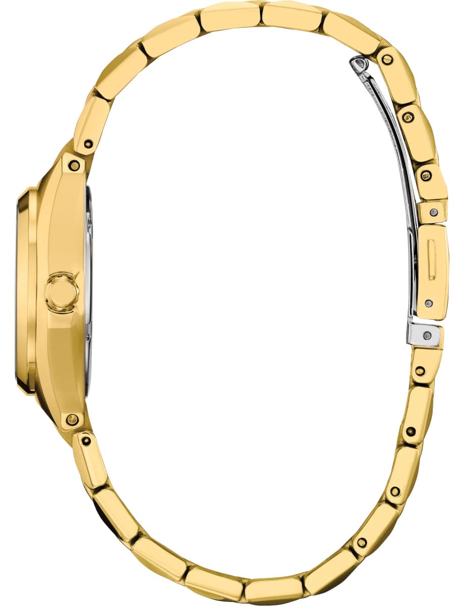 Side view of Citizen wristwatch with gold tone stainless steel case and bracelet