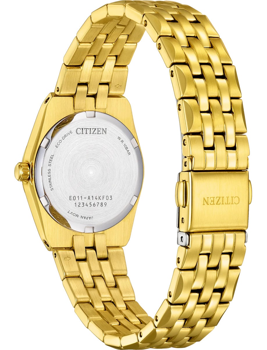 Back view of Citizen wristwatch with gold tone stainless steel case and bracelet