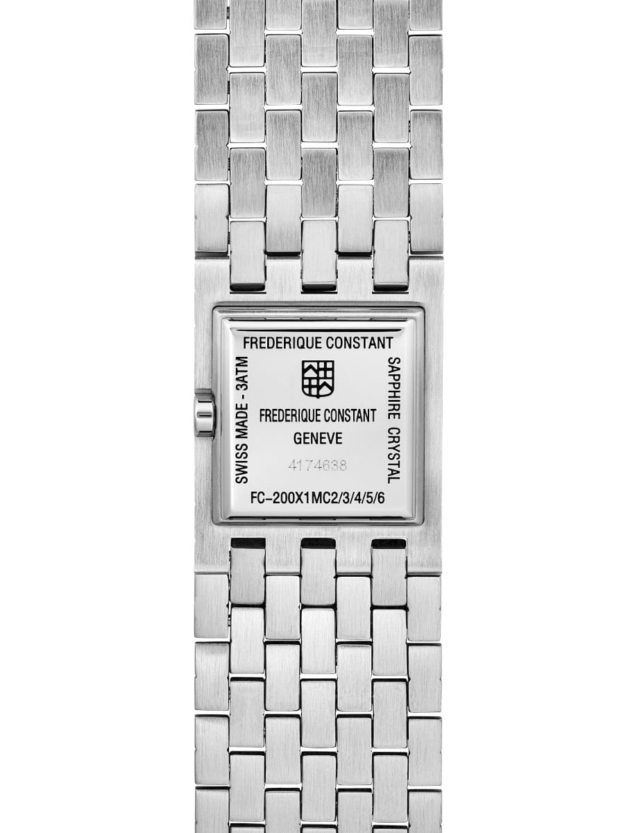 Back view of Side view of Frederique Constant wristwatch with stainless steel and bracelet and black dial