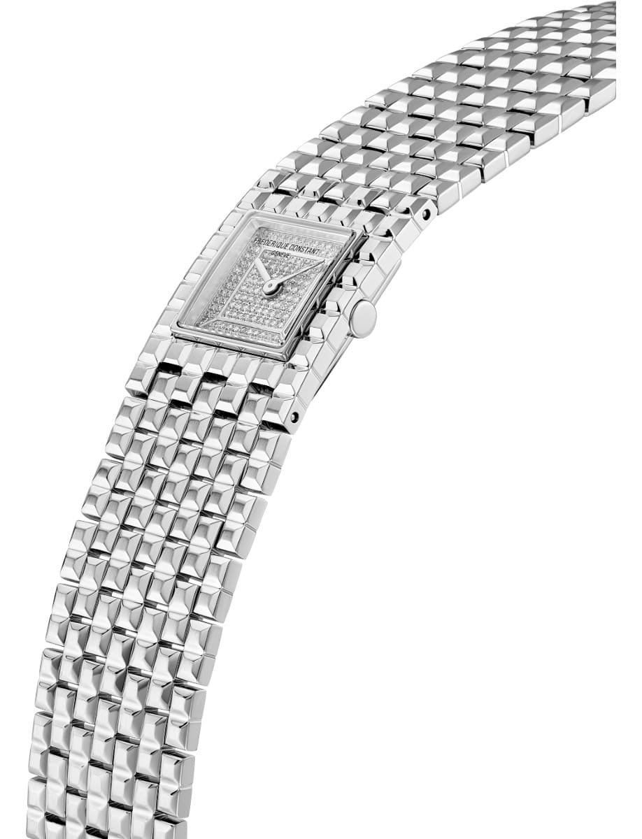 Side view of Frederique Constant wristwatch with stainless steel and bracelet and diamond pave dial