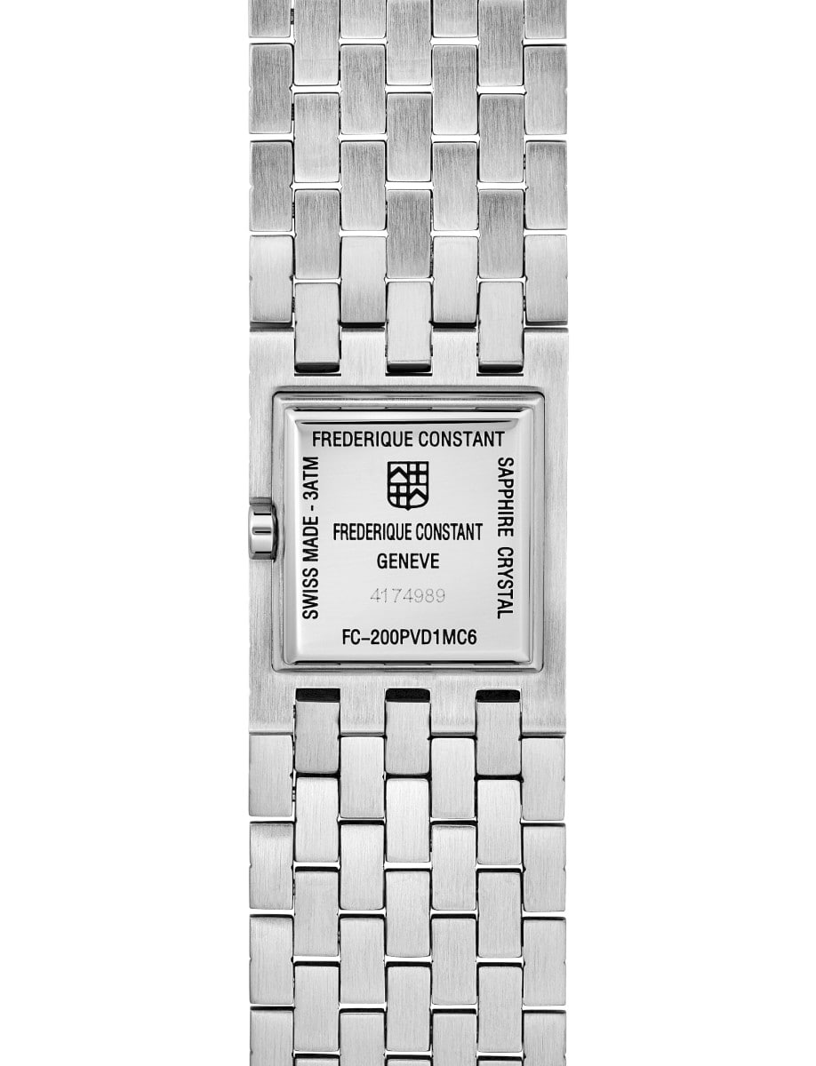 Back view of Side view of Frederique Constant wristwatch with stainless steel and bracelet and diamond pave dial