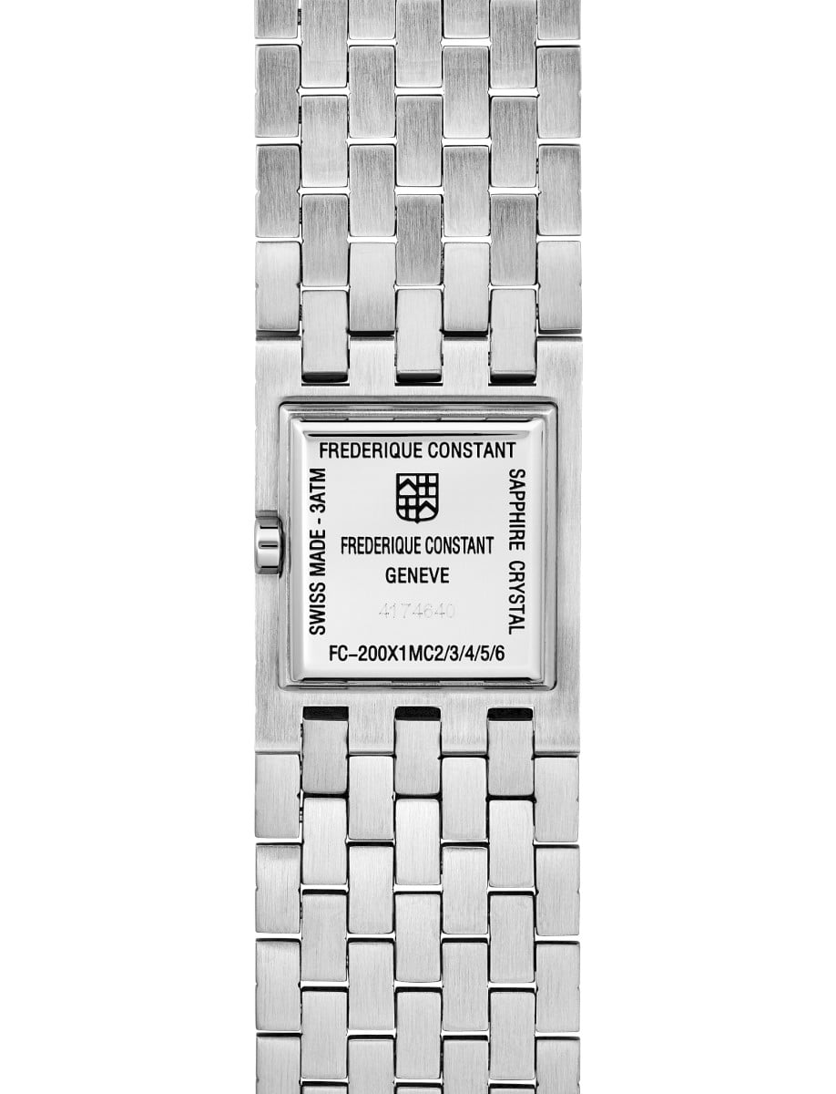 Back view of Frederique Constant wristwatch with stainless steel and bracelet and white dial