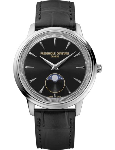 Frederique Constant wristwatch with stainless steel case, black dial and leather strap