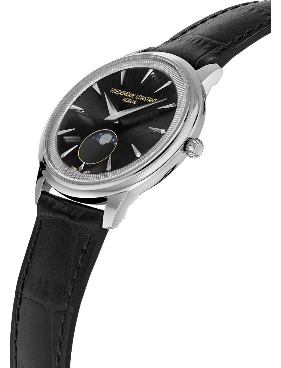 Side view of Frederique Constant wristwatch with stainless steel case, black dial and leather strap