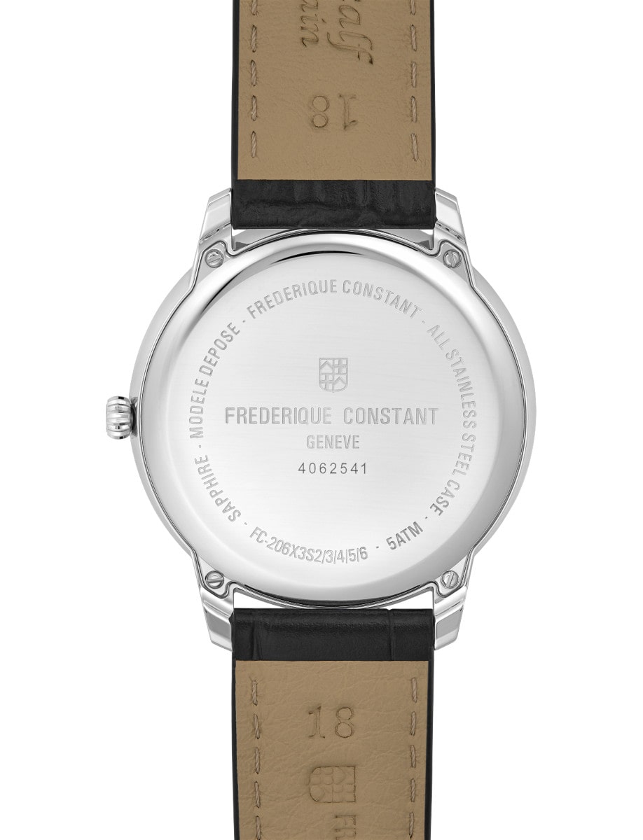 Back view of Frederique Constant wristwatch with stainless steel case, black dial and leather strap