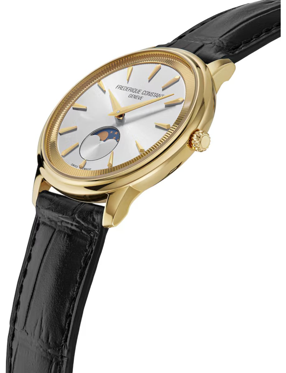 Side view of Frederique Constant wristwatch with stainless steel case, white dial and leather strap