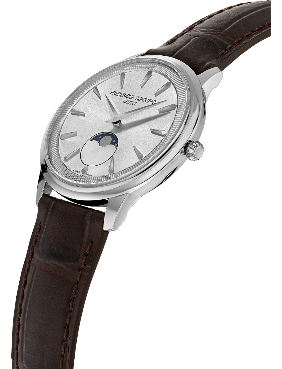 Side view of Frederique Constant wristwatch with stainless steel case, silver dial and leather strap