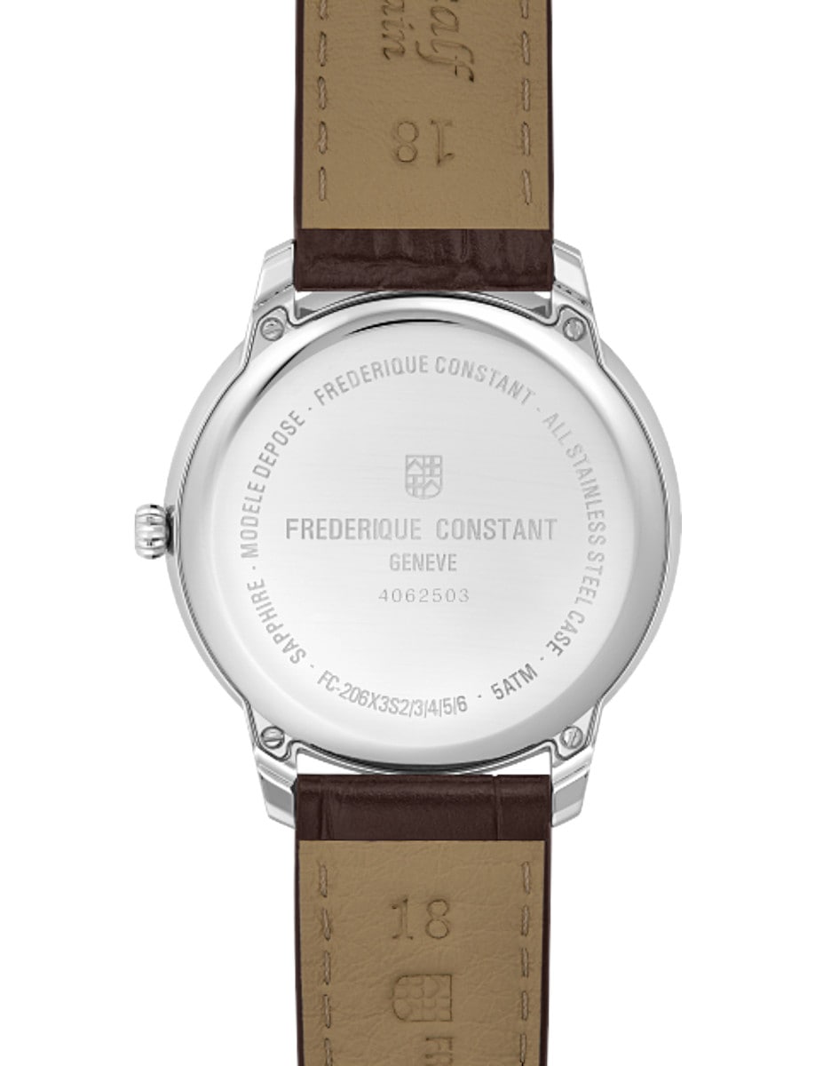 Back view of Frederique Constant wristwatch with stainless steel case, silver dial and leather strap