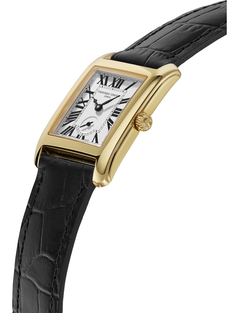 Side view of Frederique Constant wristwatch with stainless steel case, white dial and leather strap