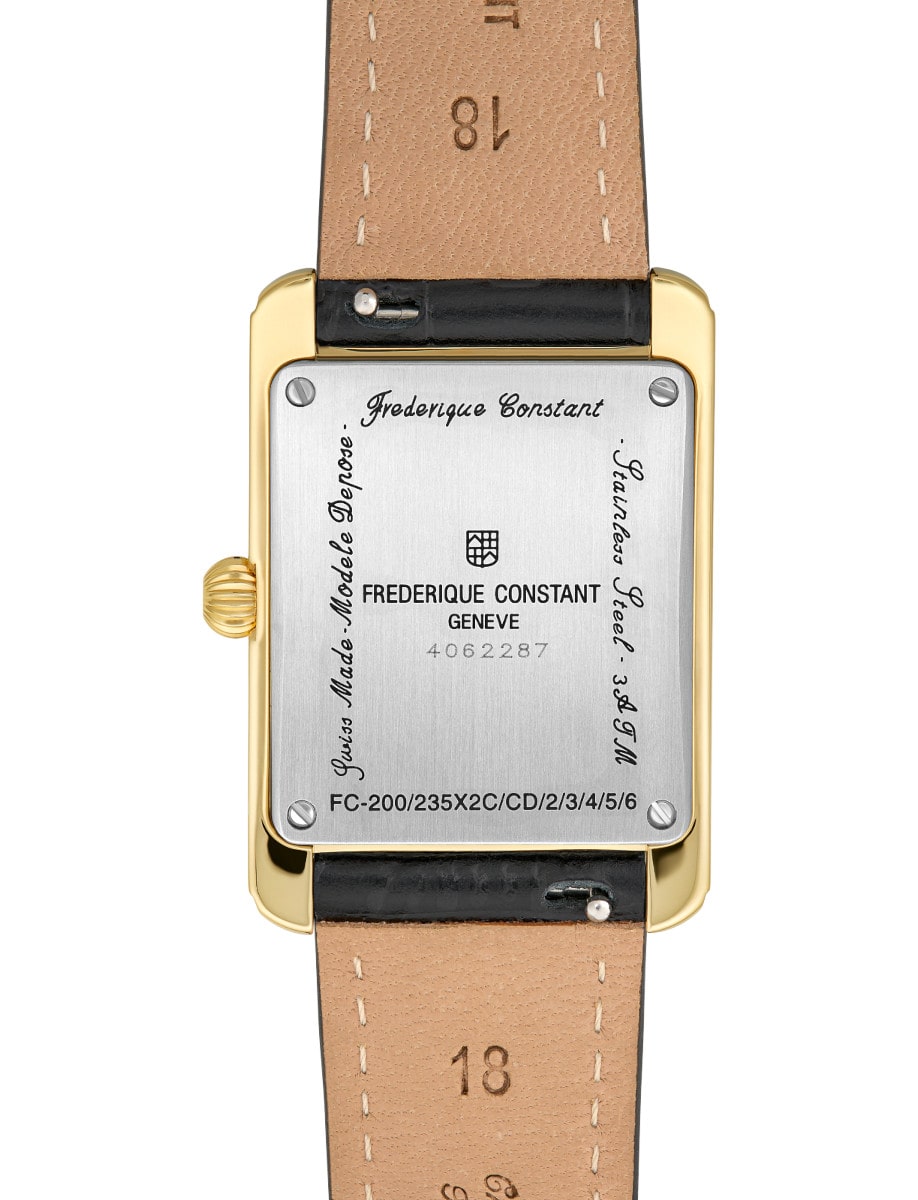 Back view of Frederique Constant wristwatch with stainless steel case, white dial and leather strap