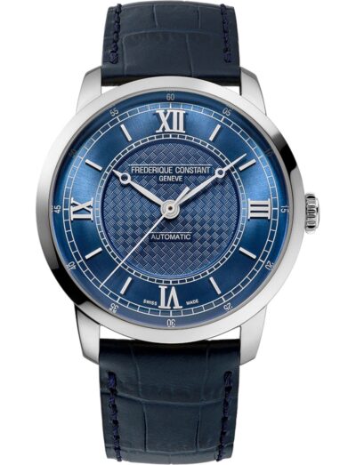 Frederique Constant wristwatch with stainless steel case, blue dial, and blue leather strap. | Feldmar Watch Co. Frederique Constant wristwatch with stainless steel case, blue dial, and blue leather strap.
