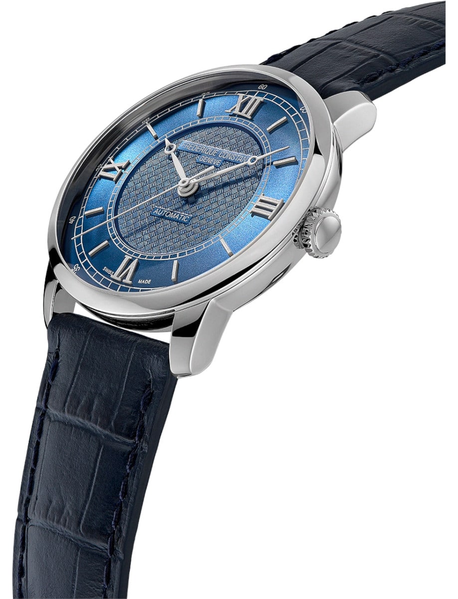 Side view of Frederique Constant wristwatch with stainless steel case, blue dial, and blue leather strap.