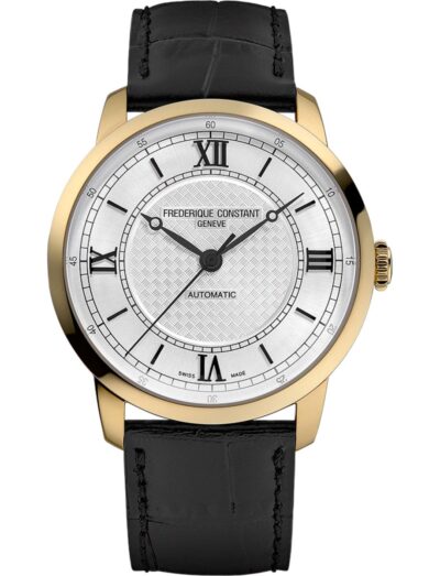 Frederique Constant wristwatch with gold-tone stainless steel case, silver-tone dial, and black leather strap. | Feldmar Watch Co. Frederique Constant wristwatch with gold-tone stainless steel case, silver-tone dial, and black leather strap.