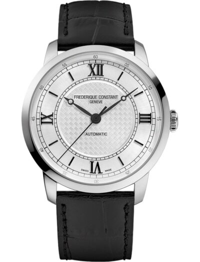Frederique Constant wristwatch with stainless steel case, silver-tone dial, and black leather strap. | Feldmar Watch Co. Frederique Constant wristwatch with stainless steel case, silver-tone dial, and black leather strap.