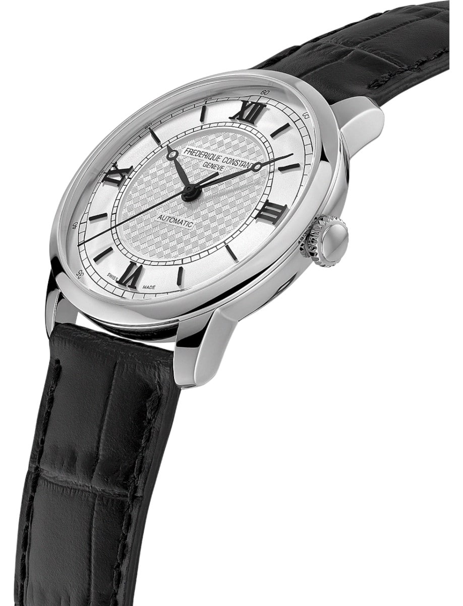 Side view of Frederique Constant wristwatch with stainless steel case, silver-tone dial, and black leather strap.