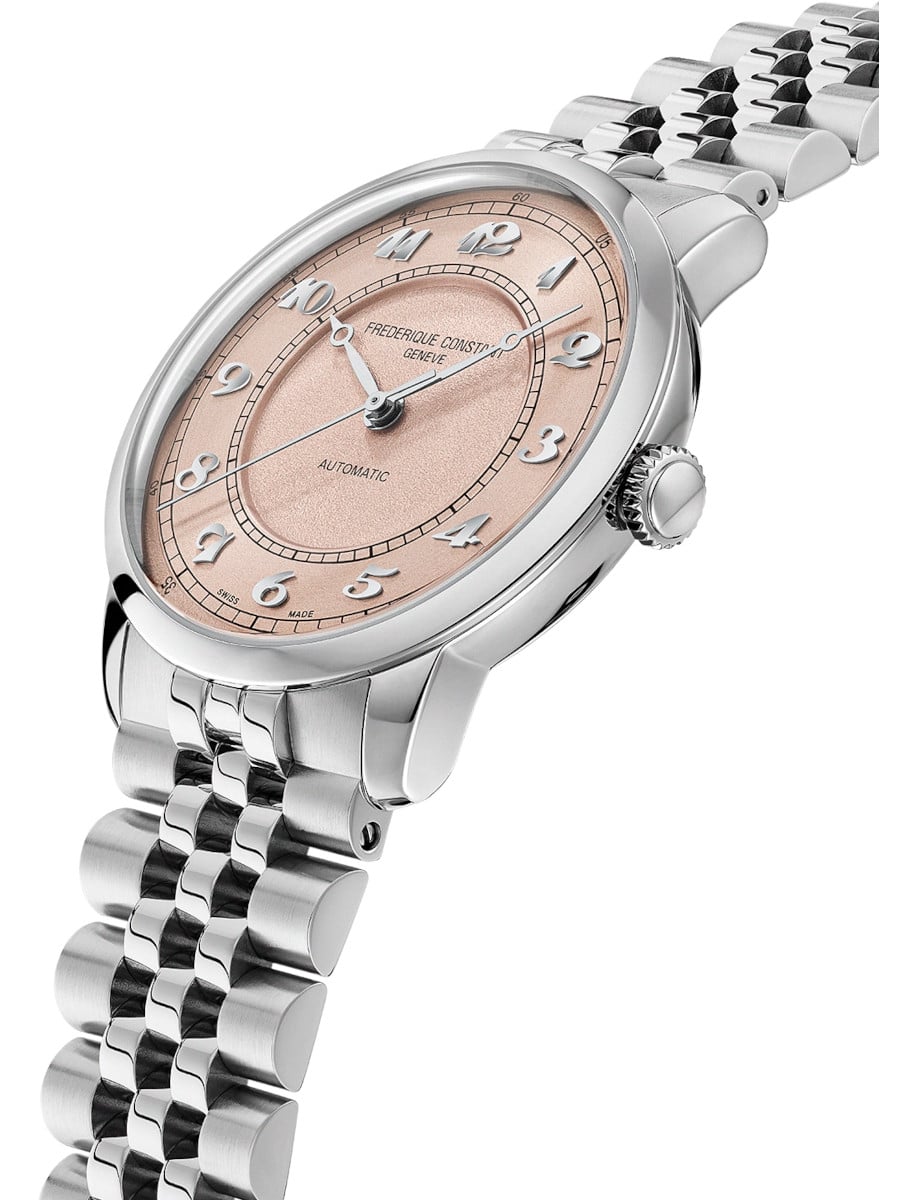 Side view of Frederique Constant wristwatch with stainless steel case and bracelet, and soft salmon dial.