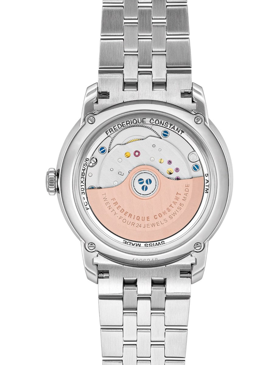 Back view of Frederique Constant wristwatch with stainless steel case and transparent case back