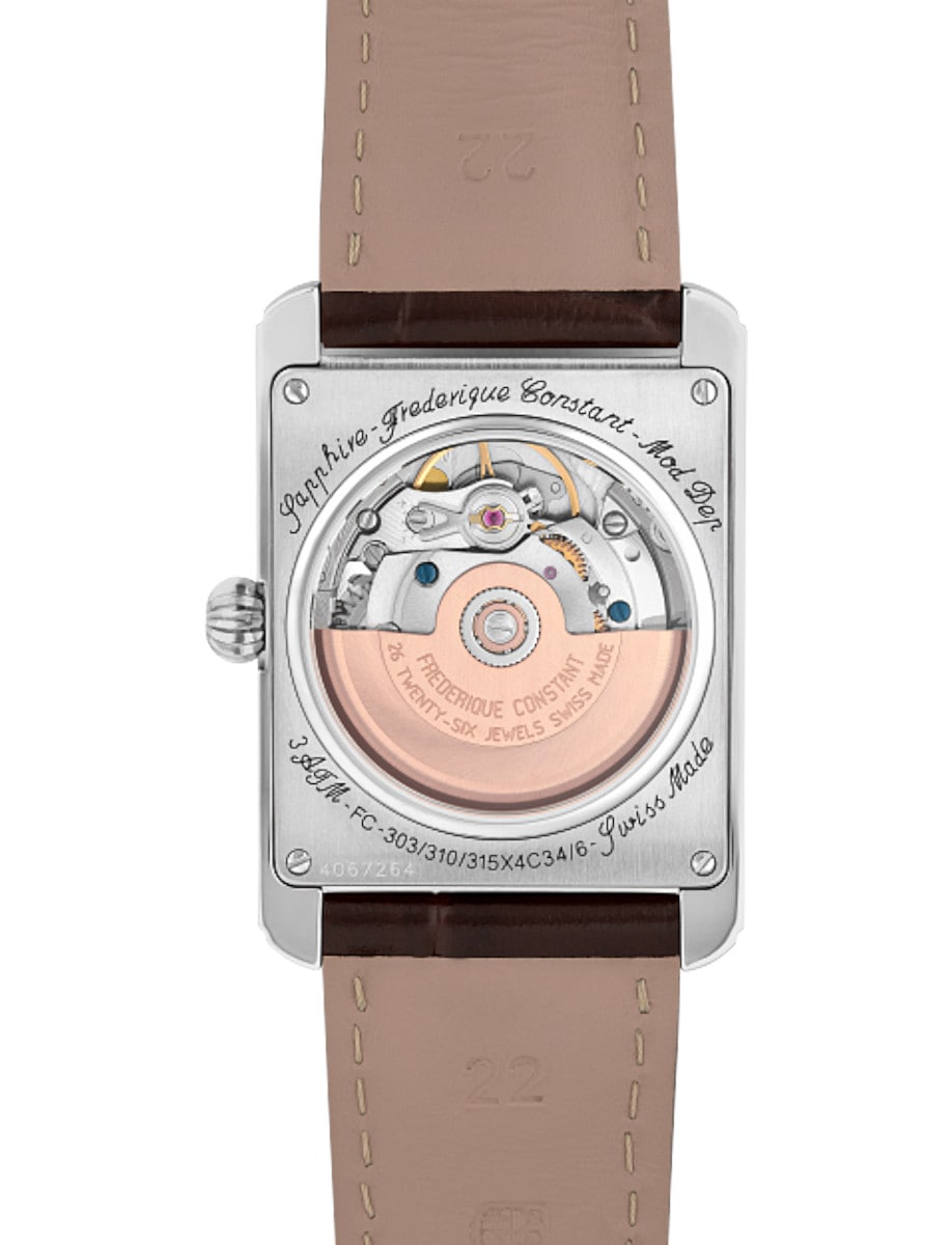 Back view of Frederique Constant wristwatch with stainless steel case, salmon dial and leather strap