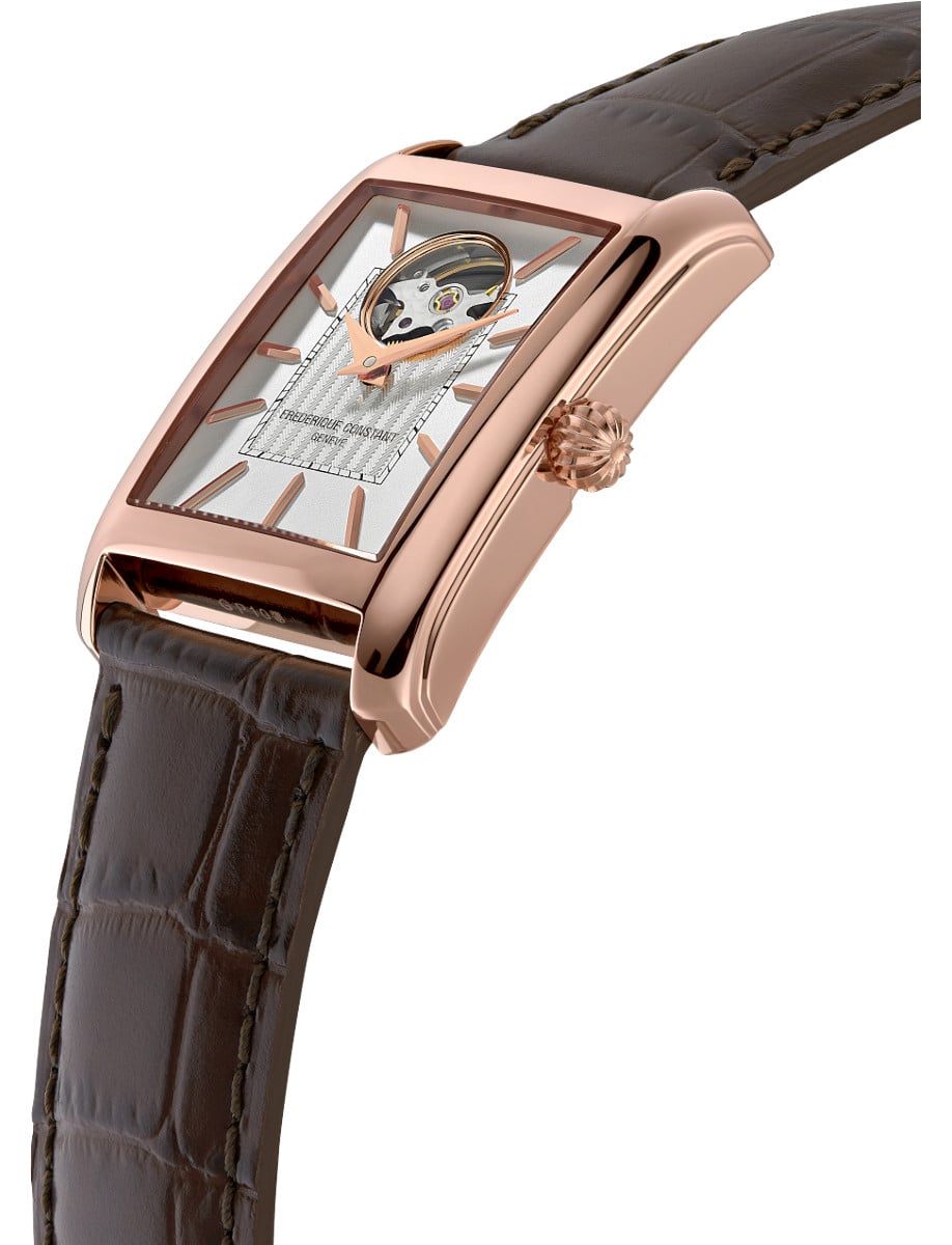 Side view of Frederique Constant wristwatch with stainless steel case, white dial and leather strap