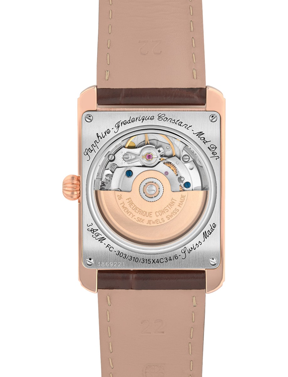 Back view of Frederique Constant wristwatch with stainless steel case, white dial and leather strap