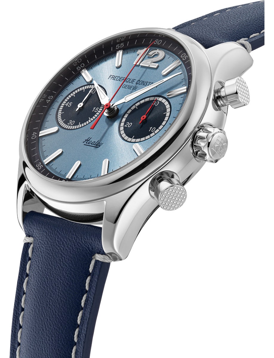 Side view of Frederique Constant wristwatch with stainless steel case, light blue dial and leather strap