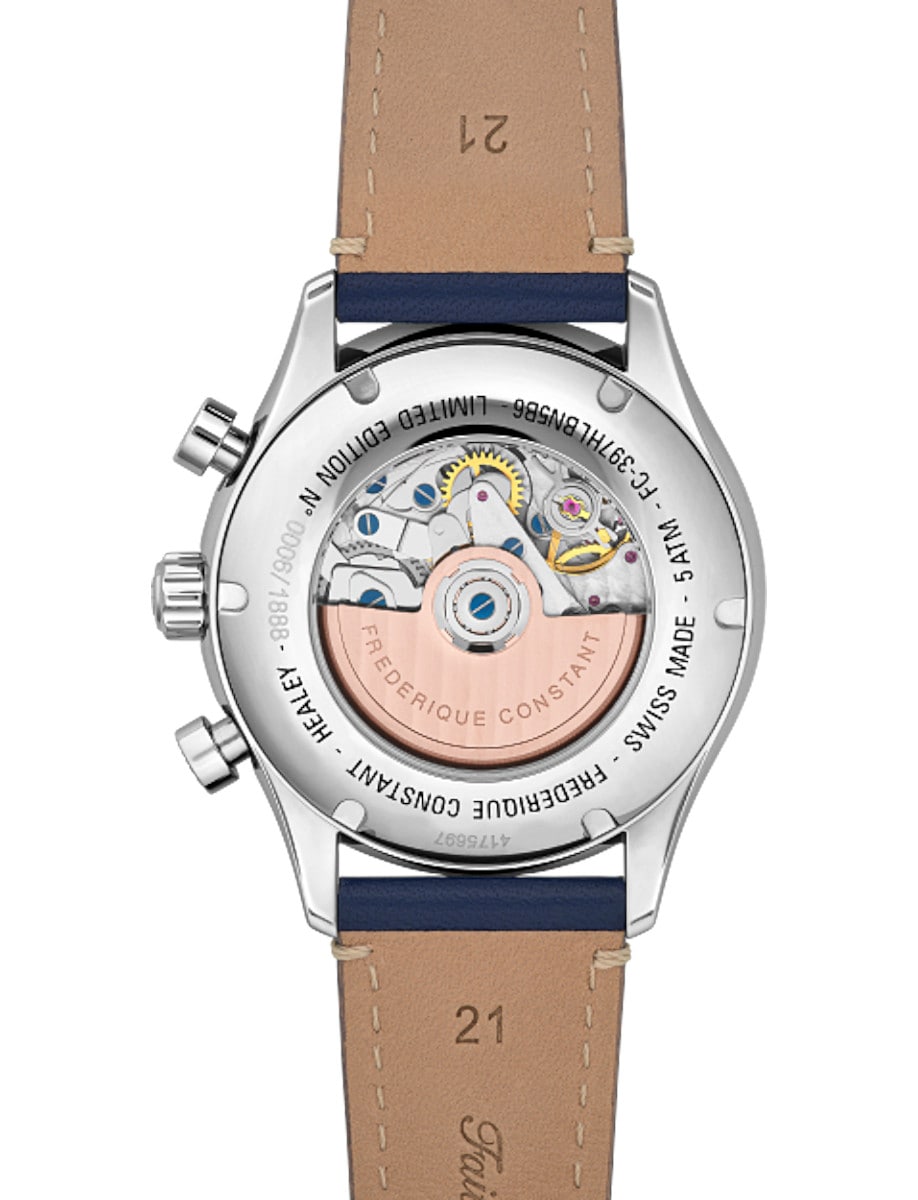 Back view of Frederique Constant wristwatch with stainless steel case, light blue dial and leather strap