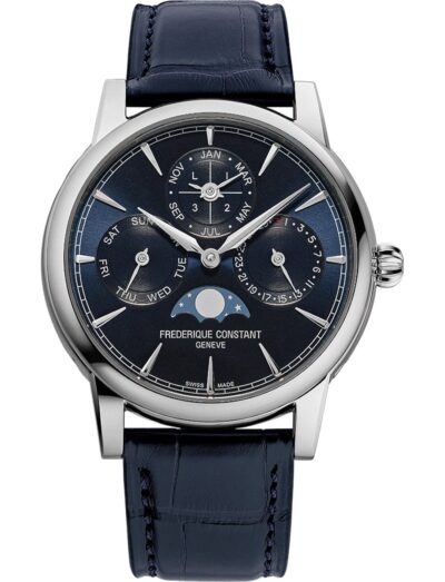 Frederique Constant wristwatch with stainless steel case, blue dial and alligator leather strap | Feldmar Watch Co. Frederique Constant wristwatch with stainless steel case, blue dial and alligator leather strap