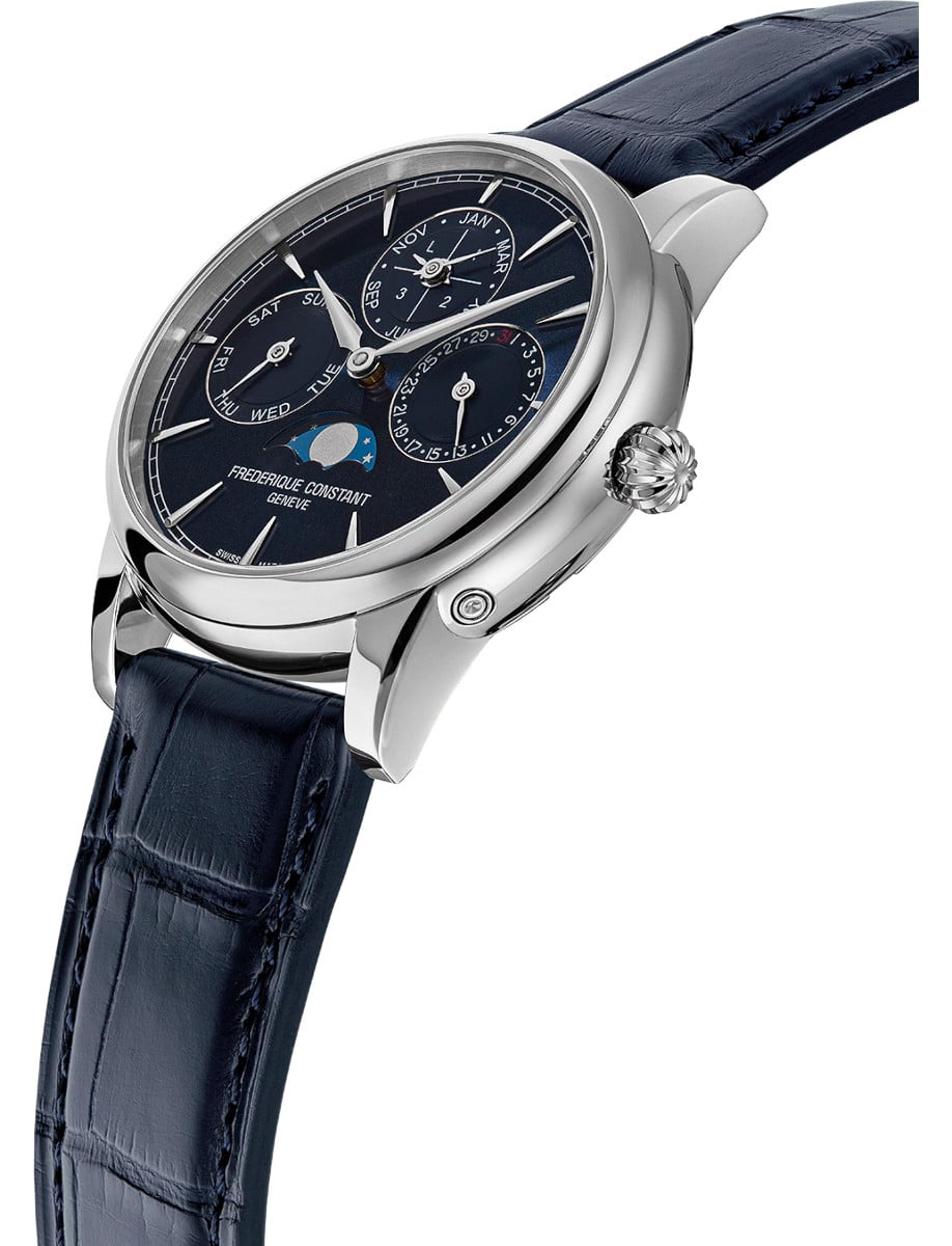 Side view of Frederique Constant wristwatch with stainless steel case, blue dial and alligator leather strap