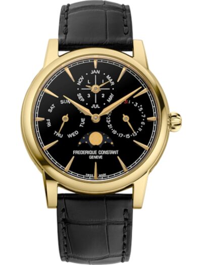 Frederique Constant wristwatch with 18K Gold, black dial, and black Genuine crocodile strap. | Feldmar Watch Co. Frederique Constant wristwatch with 18K Gold, black dial, and black Genuine crocodile strap.