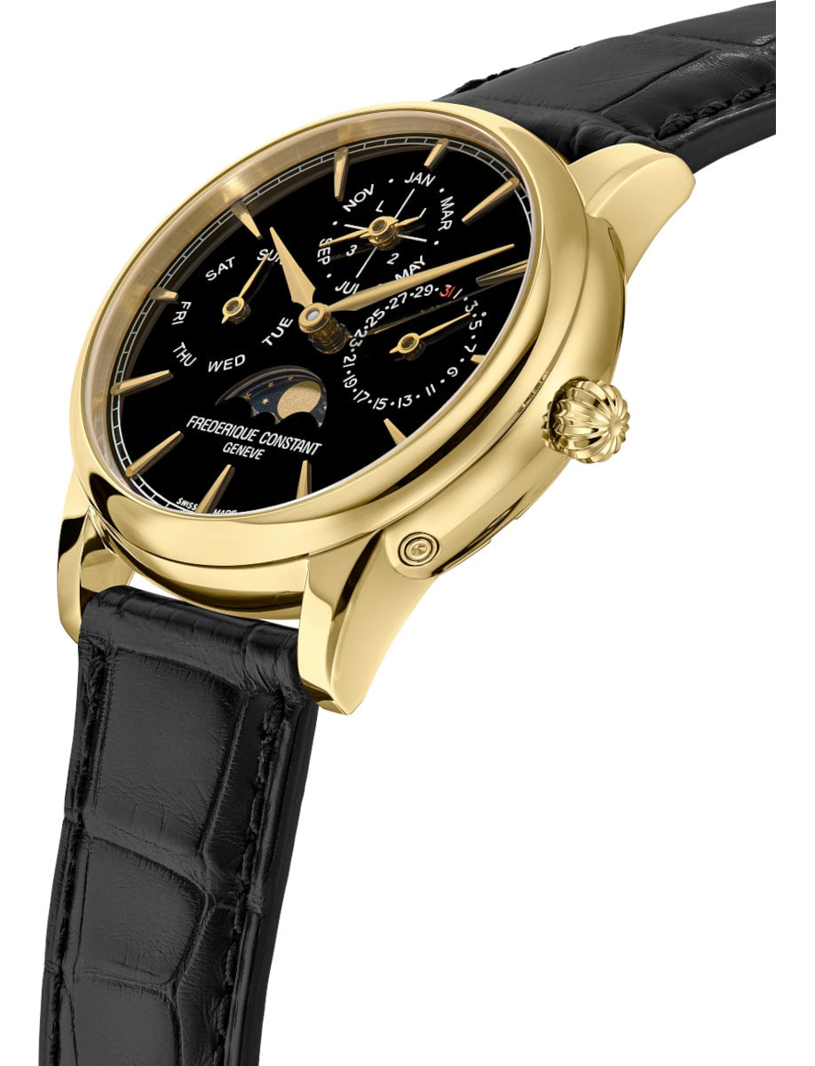 Side view of Frederique Constant wristwatch with 18K Gold, black dial, and black Genuine crocodile strap.