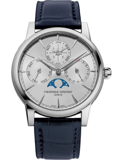Frederique Constant wristwatch with stainless steel case, silver dial, and blue alligator leather strap. | Feldmar Watch Co. Frederique Constant wristwatch with stainless steel case, silver dial, and blue alligator leather strap.