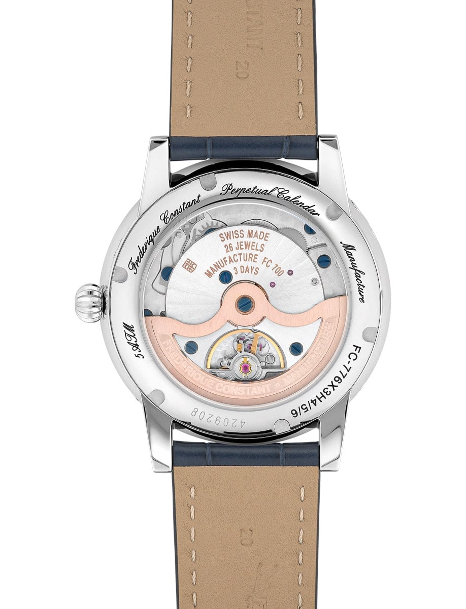 Back view of Frederique Constant wristwatch with stainless steel case, and  blue alligator leather strap.