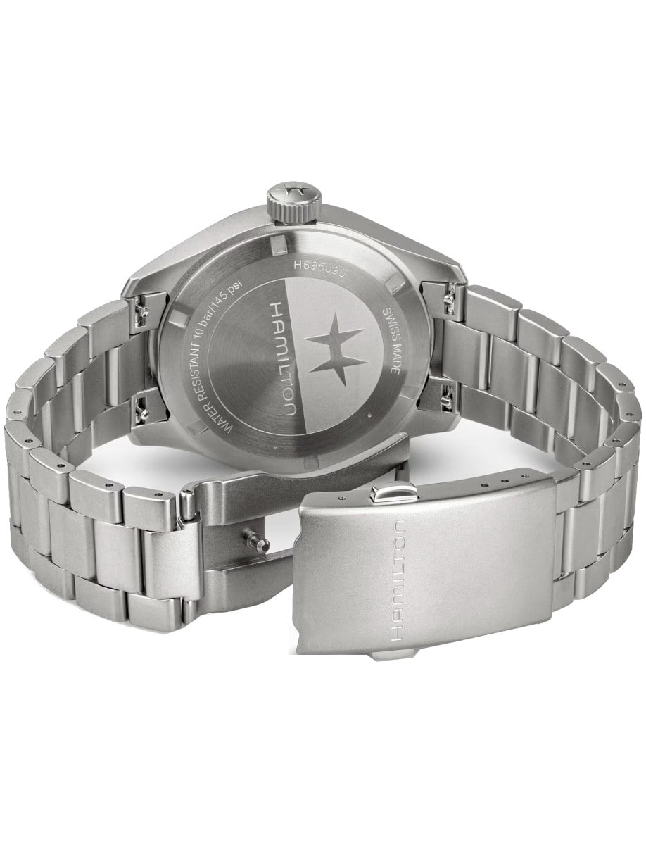 Back view of Hamilton wristwatch with stainless steel case and bracelet.