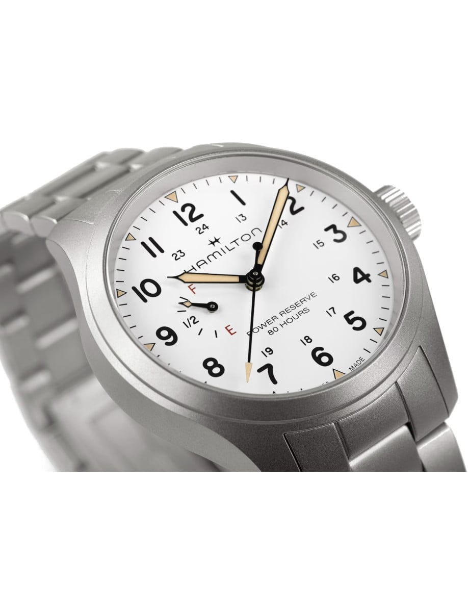Close view of the white dial of Hamilton wristwatch.