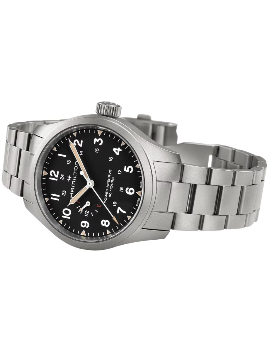 Side view of Hamilton wristwatch with stainless steel case and bracelet, and black dial.