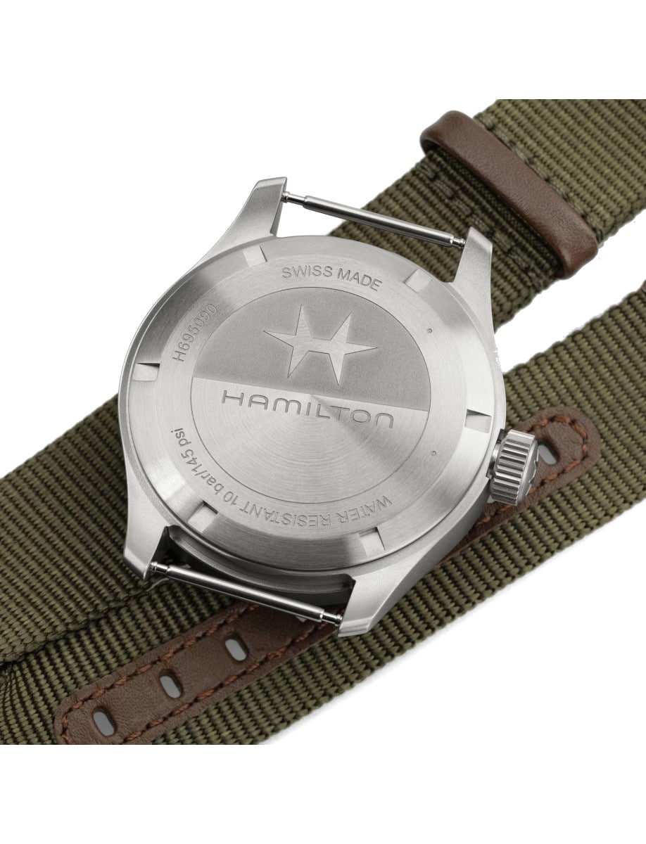 Back view of Hamilton wristwatch with stainless steel case and rugged khaki green NATO strap.