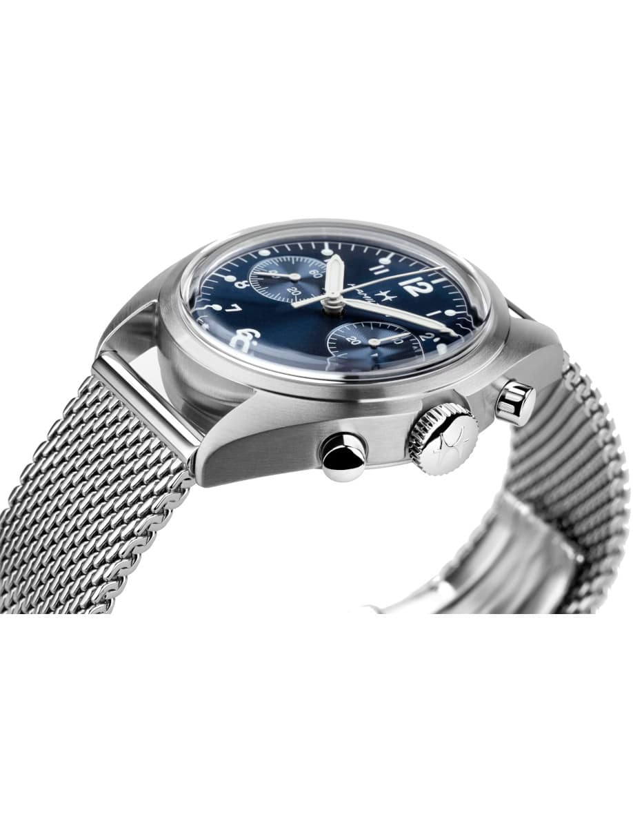Side view of Hamilton wristwatch with stainless steel case and bracelet, and blue dial.