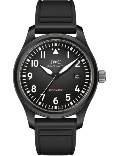 IWC wristwatch with ceramic case, black dial, and black rubber strap.