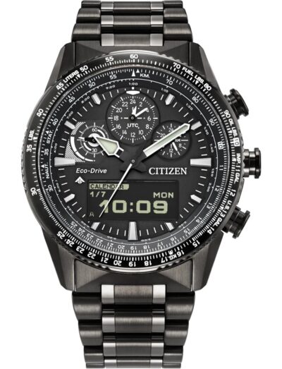 Citizen wristwatch with stainless steel case and bracelet, and black dial.