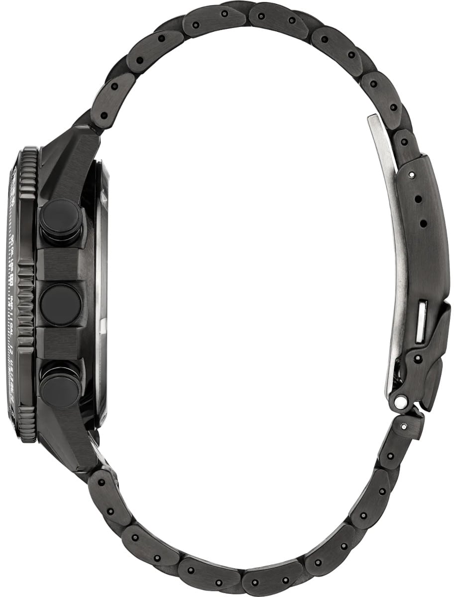 Side view of Citizen wristwatch with stainless steel case and bracelet.