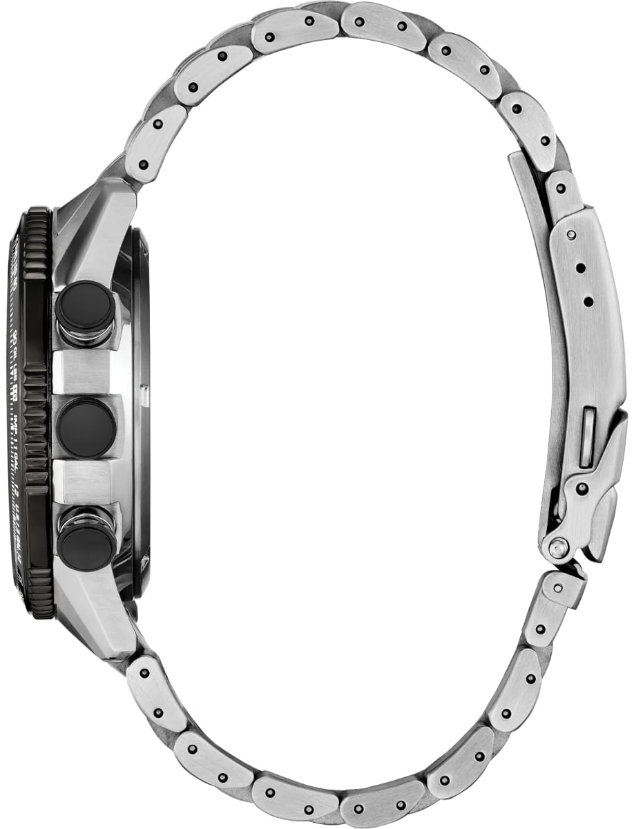 Side view of Citizen wristwatch with stainless steel case and bracelet and gray dial