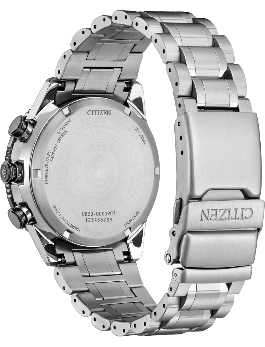 Back view of Citizen wristwatch with stainless steel case and bracelet and gray dial